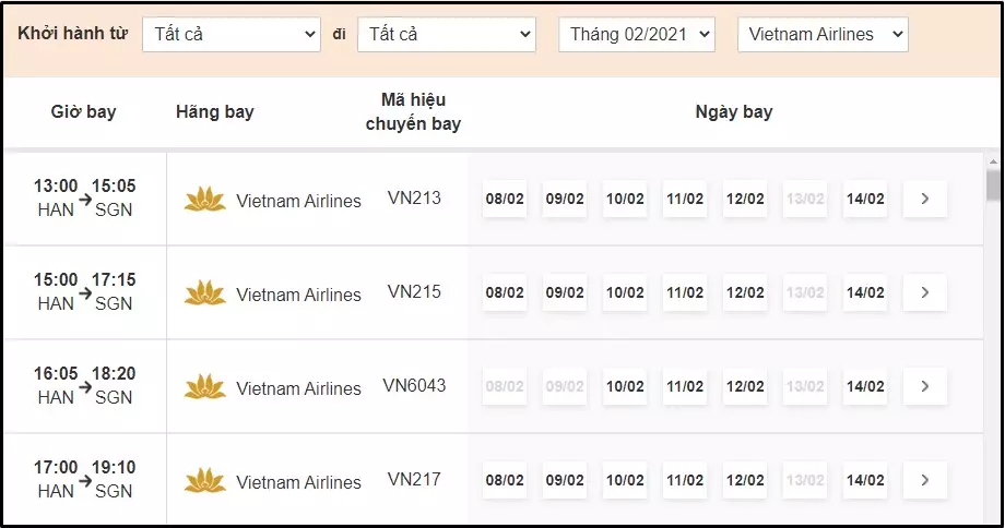 Tra cứu lịch bay Vietnam Airlines tại BestPrice