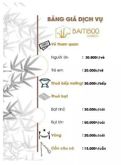 Bảng giá dịch vụ ở Khu sinh thái Bamboo Garden Hậu Giang