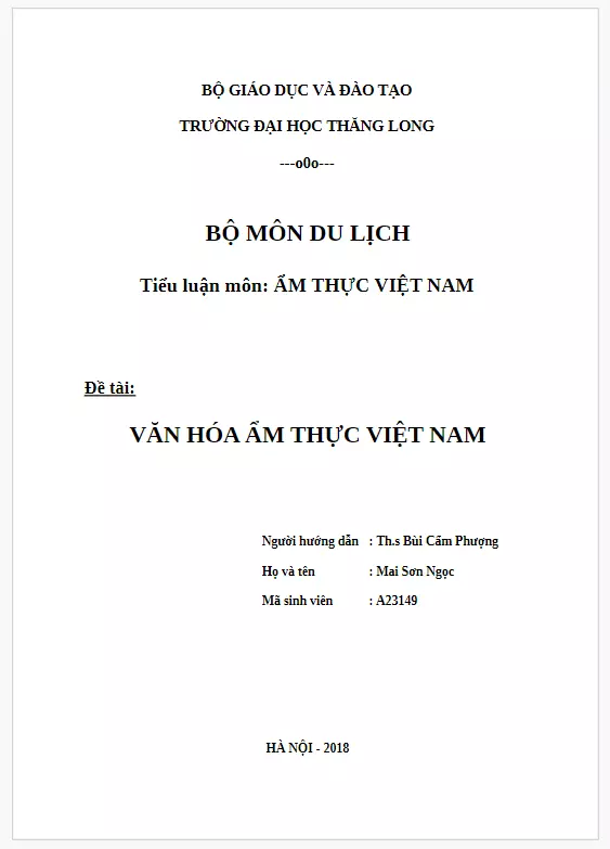 Tiểu luận về văn hóa ẩm thực Việt Nam