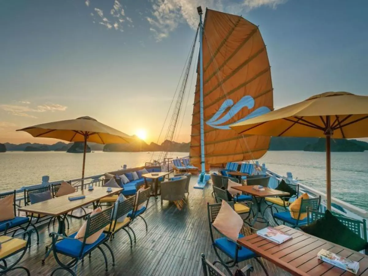 Multi-day Halong Bay cruises typically set sail around noon to maximize time on the water.