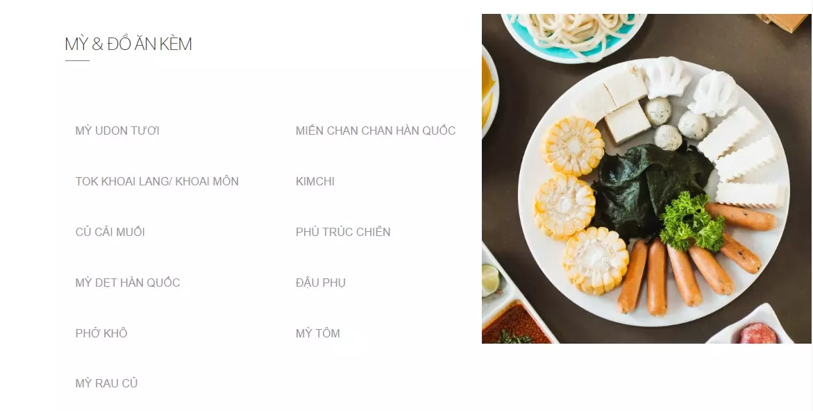 menu mì và đồ ăn kèm