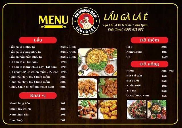 Menu tại quán Trường Béo