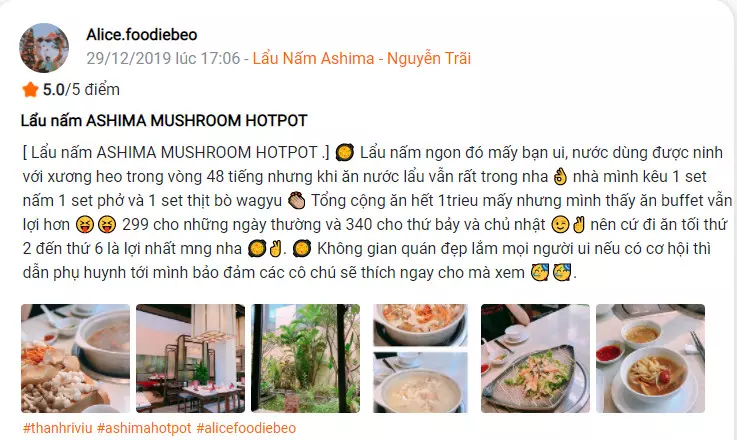 đánh giá từ khách hàng về nhà hàng lẩu nấm Ashima Nguyễn Trãi
