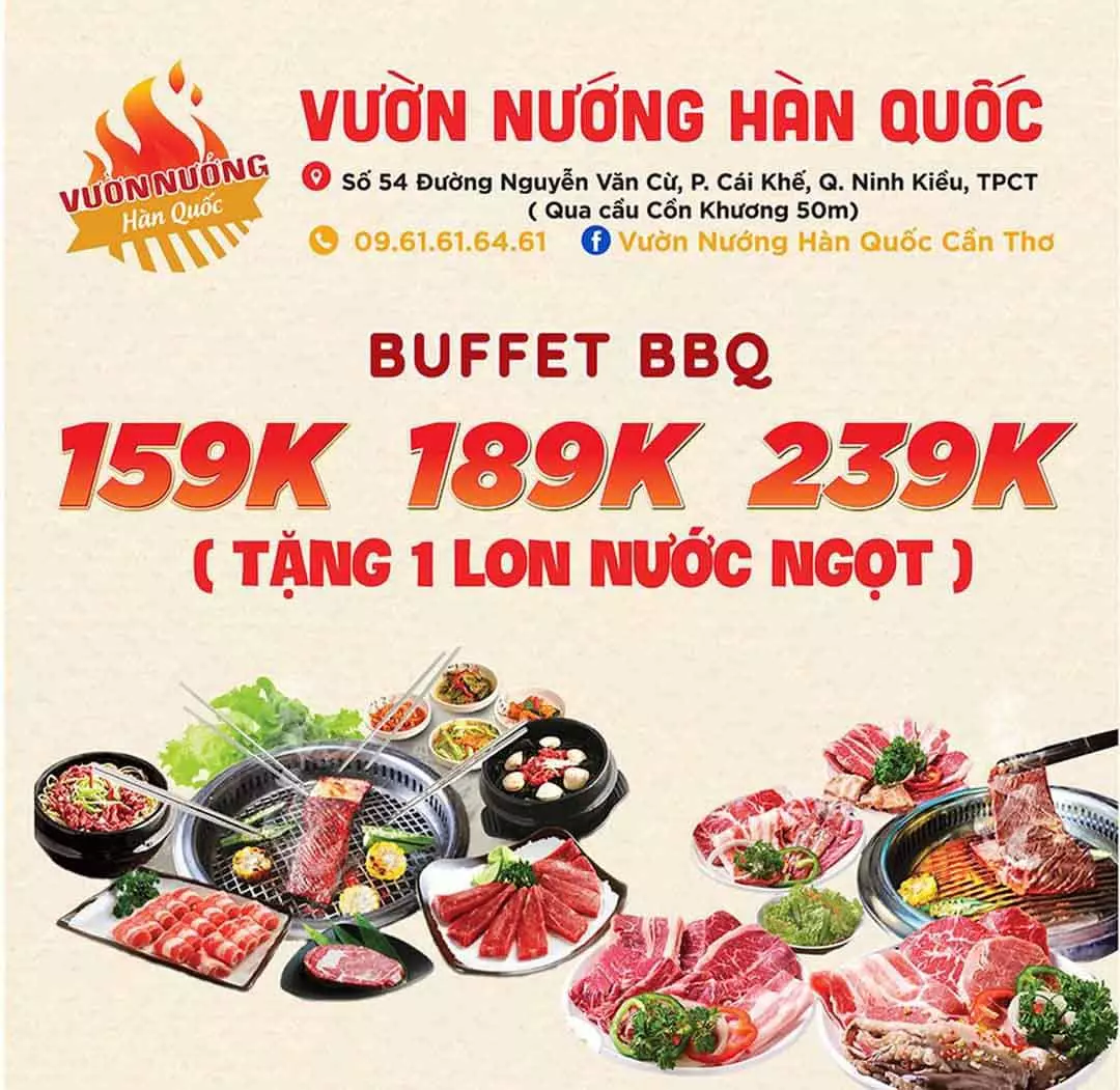 Giá niêm yết các món buffet ở vườn nướng Hàn Quốc - buffet Cần Thơ