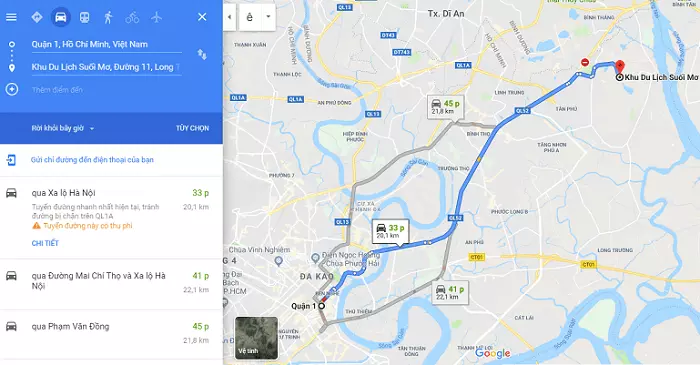 Đường đến khu du lịch Suối Ong trên Google Maps