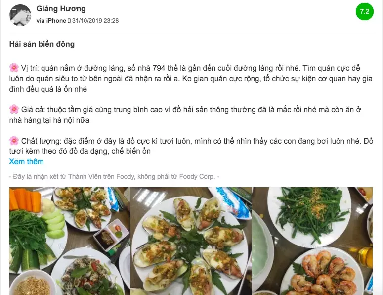 Đánh giá từ khách hàng trên Foody