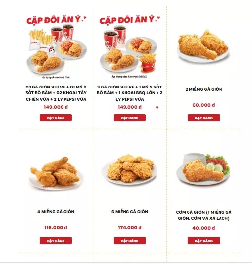 Bảng giá combo của Jollibee tại Vincom